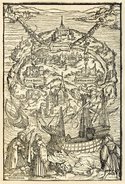 Mapa de la Nueva Isla de Utopía de una edición de 1518 de Utopía por Sir Thomas More (1478-1535), publicada por primera vez en 1516. Xilografía de Ambrosius Holbein (c. 1494-c. 1519) mostrando la isla con protagonistas de Ambrosius Holbein