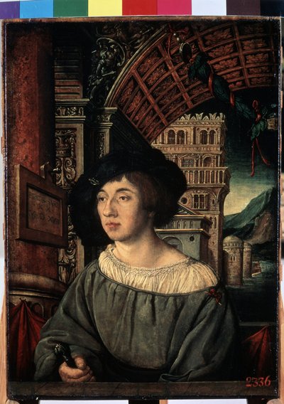 ""Retrato de un hombre joven"" Un personaje de alto rango, en una decoración de estilo renacentista. Pintura de Ambrosius Holbein (1494-alrededor de 1520) 1518 Dim. 44x32,5 cm Museo del Hermitage, San Petersburgo de Ambrosius Holbein