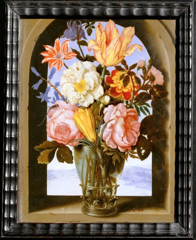 Ramo de flores en un arco de piedra que da a un ... de Ambrosius II Bosschaert