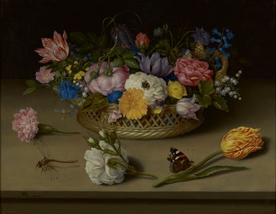Naturaleza muerta de flores, una libélula y un almirante rojo de Ambrosius the Elder Bosschaert
