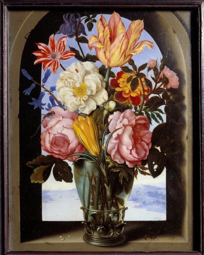 Ramo de flores en un marco de piedra que se abre a un paisaje de Ambrosius the Elder Bosschaert