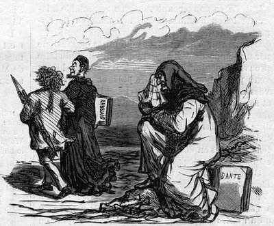 El pobre Dante empieza a llorar cuando ve a Gustave Doré del brazo con ese pequeño hombre Rabelais. Caricatura de Cham. Grabado en 