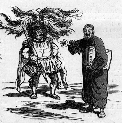 Alegría de Rabelais al ver que Gustave Doré se identifica plenamente con los hombres de su escritura. Caricatura de Cham. Grabado en "Le Monde Illustré" n°821 del 4 de enero de Amédée de Noé