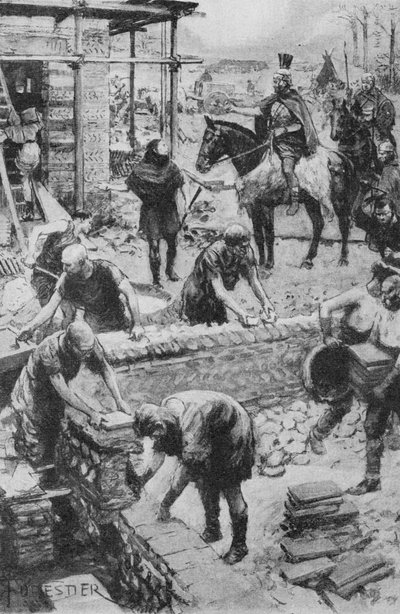 Un general romano dirigiendo la construcción de la casa de un gobernador junto al Darent, donde aún sobreviven los cimientos (litografía) de Amedee (after) Forestier