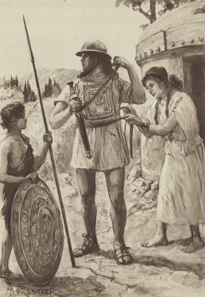 Un agricultor itálico de la Edad de Bronce armándose para la batalla de Amedee (after) Forestier