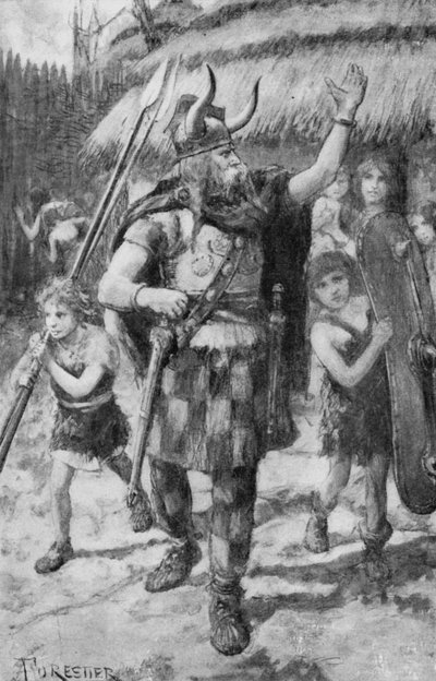 Los habitantes celtas de una aldea en Gran Bretaña se preparan para ahuyentar a los invasores teutones de Amedee (after) Forestier