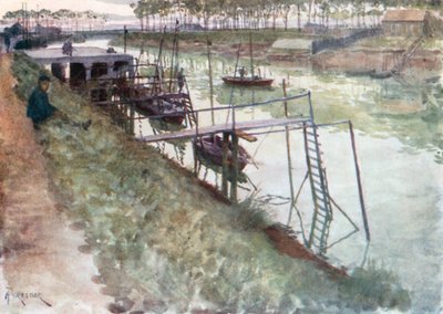 El muelle, con lanchas anguileras y embarcaderos, Nieuport (litografía en color) de Amedee (after) Forestier