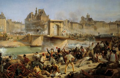 Revolución de 1830, día de julio: ataque al hotel de Ville de París y lucha en el puente de Arcole, 28 de julio de 1830 (óleo sobre lienzo) de Amédée Bourgeois