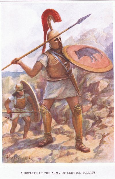 Un hoplita en el ejército de Servio Tulio, ilustración de El Soldado Romano, 1928 de Amedee Forestier