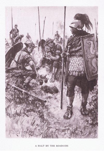 Una parada al borde del camino, ilustración de El Soldado Romano, 1928 de Amedee Forestier
