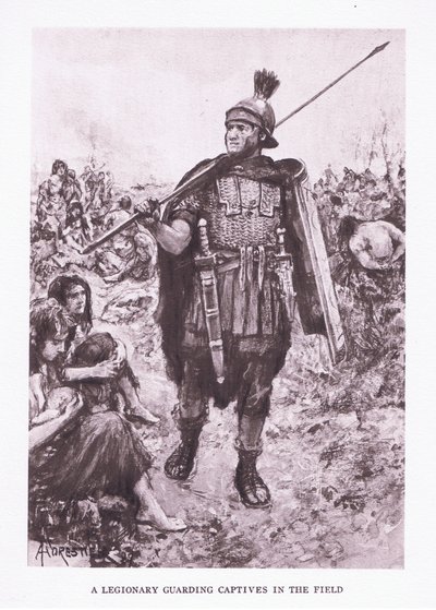 Un legionario custodiando cautivos en un campo, ilustración de El Soldado Romano, 1928 de Amedee Forestier