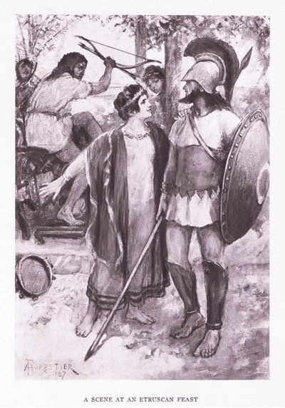Una escena en un banquete etrusco, ilustración de El Soldado Romano, 1928 de Amedee Forestier