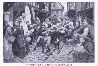 Una escena callejera en los días de Eduardo II, de Cassells History of the British People publicado por la Waverley Book Company Limited, c.1940 de Amedee Forestier