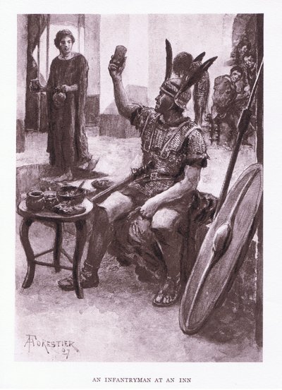Un infante en una posada, ilustración de El Soldado Romano, 1928 de Amedee Forestier