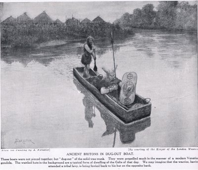 Antiguos britanos en bote excavado, ilustración de 