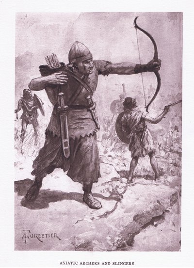 Arqueros y honderos asiáticos, ilustración de El Soldado Romano, 1928 de Amedee Forestier