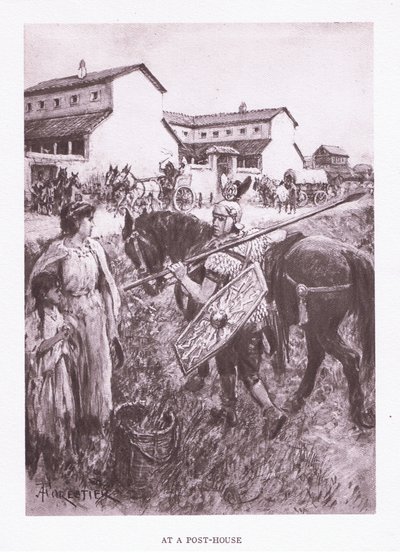 En una casa de postas, ilustración de El Soldado Romano, 1928 de Amedee Forestier
