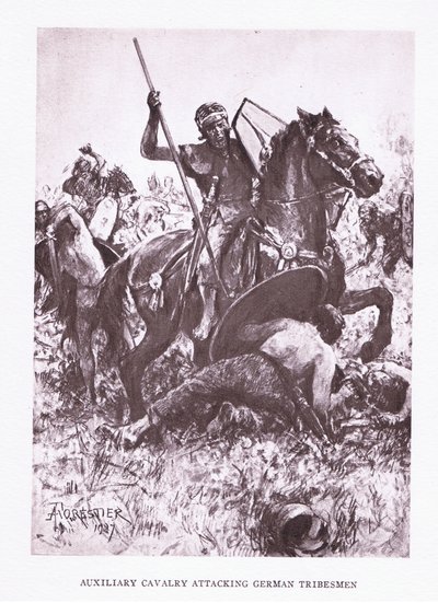 Caballería auxiliar atacando a tribus germanas, ilustración de El Soldado Romano, 1928 de Amedee Forestier