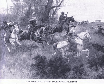 Caza de zorros en el siglo XIV, de Cassells History of the British People publicado por la Waverley Book Company Limited, c.1940 de Amedee Forestier