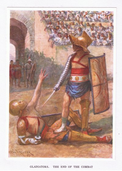 Gladiadores, el final del combate, ilustración de El Soldado Romano, 1928 de Amedee Forestier