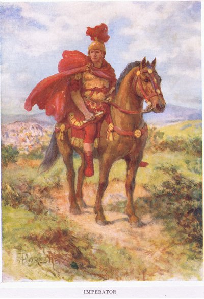 Imperator: originalmente, como aquí, el general romano victorioso era saludado por sus soldados en el campo. Más tarde, el título se reservó solo para los emperadores, ilustración de El Soldado Romano, 1928 de Amedee Forestier