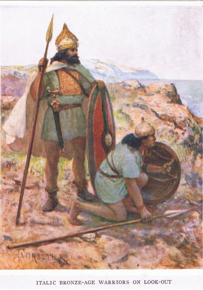 Guerreros de la Edad del Bronce Itálica en la vigilancia, ilustración de 