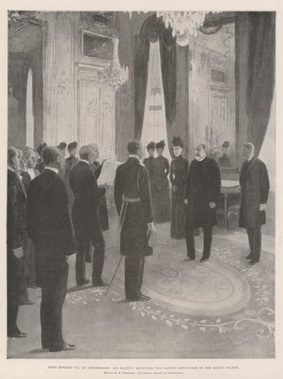 El rey Eduardo VII en Copenhague, Su Majestad recibiendo la delegación danesa en el Palacio del Rey de Amedee Forestier