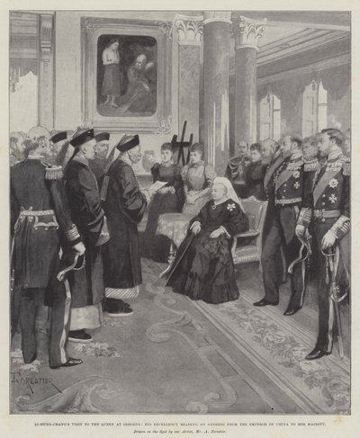 Visita de Li-Hung-Chang a la Reina en Osborne, Su Excelencia leyendo un discurso del Emperador de China a Su Majestad de Amedee Forestier