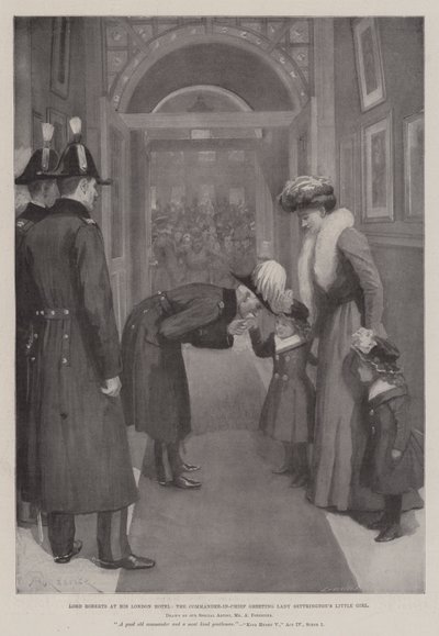 Lord Roberts en su hotel de Londres, el Comandante en Jefe saludando a la pequeña niña de Lady Settrington de Amedee Forestier