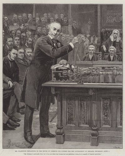 El Sr. Gladstone explicando a la Cámara de los Comunes su esquema para el gobierno de Irlanda, jueves, 8 de abril de Amedee Forestier