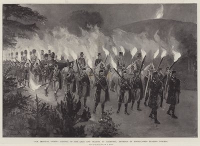 Nuestros huéspedes imperiales, llegada del Zar y la Zarina a Balmoral, escoltados por Highlanders con antorchas de Amedee Forestier