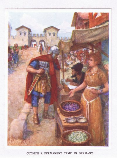 Fuera de un campamento permanente en Alemania, ilustración de El Soldado Romano, 1928 de Amedee Forestier