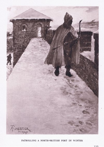 Patrullando un fuerte británico del norte en invierno, ilustración de El Soldado Romano, 1928 de Amedee Forestier