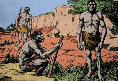 Prehistoria: representación de Homo rhodesiensis o hombre de Broken Hill, ancestro de Homo sapiens, cuyos fósiles fueron descubiertos en Rodesia (actual Zambia en África). Dibujo de A. Forestier. DR de Amedee Forestier