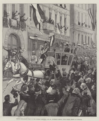 Visita del príncipe Bismarck al emperador alemán, 26 de enero, entrando en Berlín con el príncipe Enrique de Prusia de Amedee Forestier