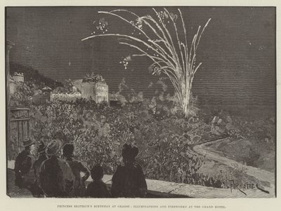 Cumpleaños de la Princesa Beatriz en Grasse, Iluminaciones y Fuegos Artificiales en el Grand Hotel de Amedee Forestier