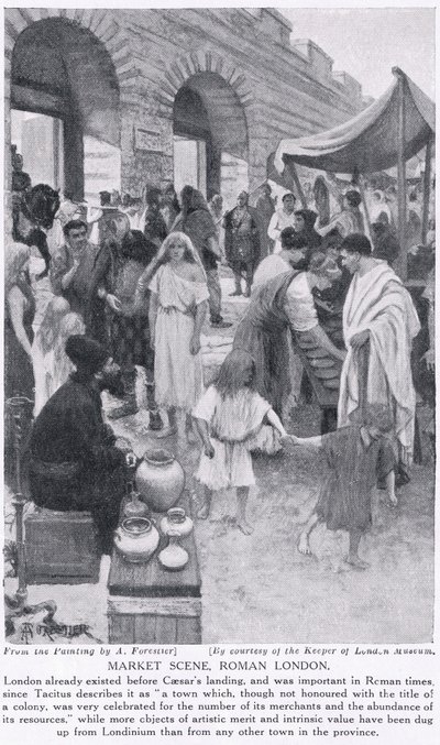 Escena de mercado romano, Londres, ilustración de 