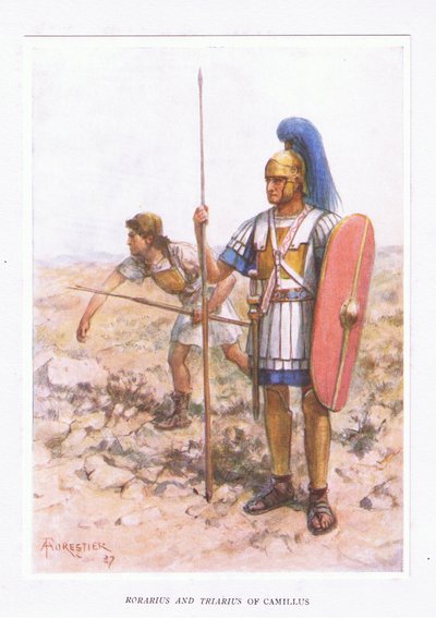 Rorarius y Triarius en Camillus, ilustración de El Soldado Romano, 1928 de Amedee Forestier