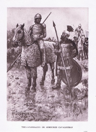 El Cataphractus o caballero acorazado, ilustración de El Soldado Romano, 1928 de Amedee Forestier