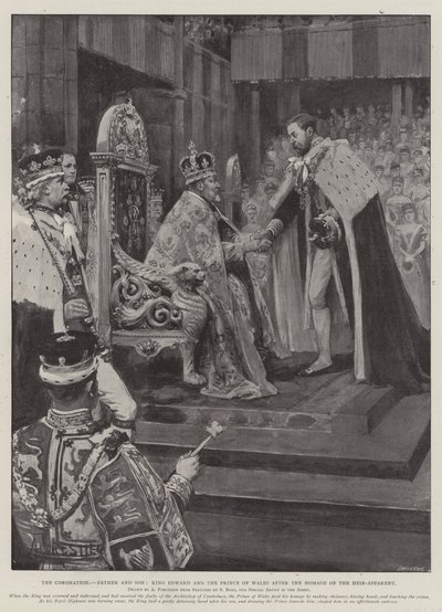La coronación, padre e hijo, el rey Eduardo y el príncipe de Gales después del homenaje del heredero aparente de Amedee Forestier