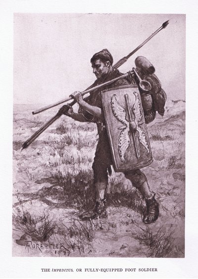 El Impeditus o soldado de infantería completamente equipado, ilustración de El Soldado Romano, 1928 de Amedee Forestier