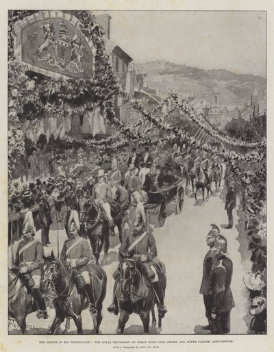El príncipe en su principado, la procesión real en Great Duke Gate Street y North Parade, Aberystwith de Amedee Forestier
