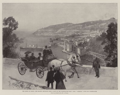 La Reina en Cimiez, Su Majestad regresando de un paseo por la carretera de Villefranche, HMS Cambrian anclado frente a Villefranche de Amedee Forestier