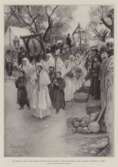 La Reina en Cimiez, Su Majestad presenciando la salida de los Penitentes Rojos en la Fiesta de los Cougourdons, Cimiez de Amedee Forestier