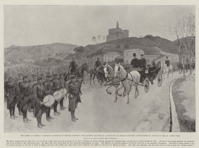 La reina en Cimiez, un agradable ejemplo de cortesía francesa, Su Majestad saludada por un batallón de infantería francesa, encontrado por casualidad en la carretera de St Andre de Amedee Forestier