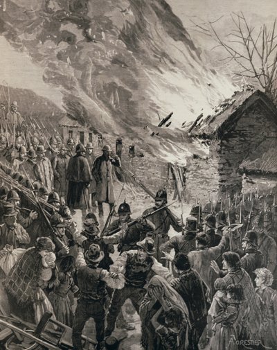La Guerra de Rentas en Irlanda: Quemando las casas de los inquilinos desalojados en Glenbeigh, Condado de Derry, de 
