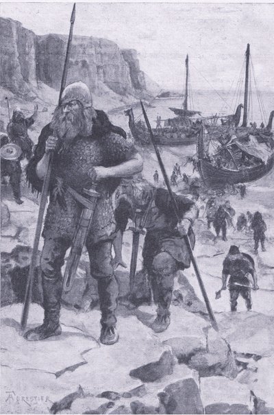 Los vikingos encuentran América, de My Magazine, pub.1922 (litografía) de Amedee Forestier