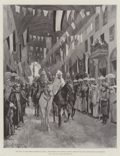 La visita del emperador alemán a Siria, el emperador y la emperatriz pasando por el nuevo Gran Bazar en Damasco de Amedee Forestier