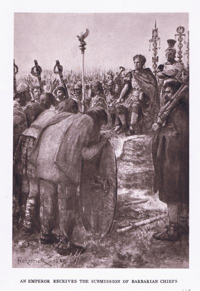 El emperador recibe la sumisión de los jefes bárbaros, ilustración de El Soldado Romano, 1928 de Amedee Forestier