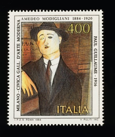 Sello postal de la serie de artes italianas en honor a Amedeo Modigliani (1884-1920), retrato de Paul Guillaume (1916), sello de 400 liras de Amadeo (after) Modigliani